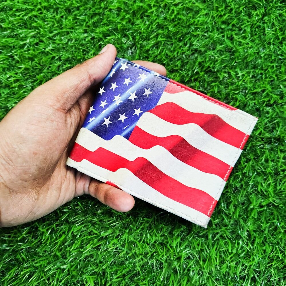 Men Bifold Leather Wallet USA American Printed Flag